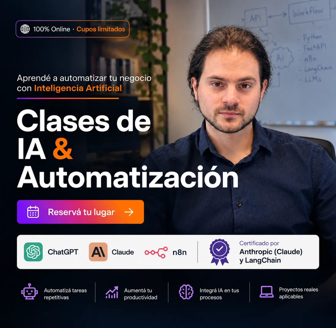 Clases de IA y automatización 100% online con Juan S Profesor: ChatGPT, Claude y n8n, con proyectos reales aplicables
